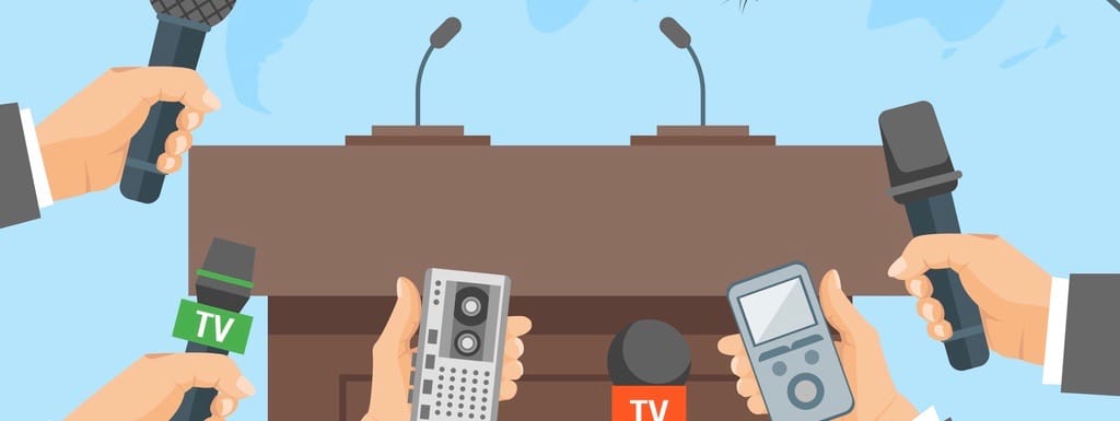 Cartoon Press Conference Card Poster News or Interviews Concept Scene Element Flat Design Style. Vector illustration of